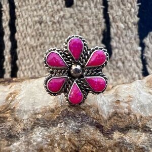 ❤️ Signed Zuni Native Pink Opal Flower Cluster Ring Size 7 Sterling Silver